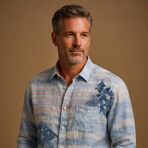 Tommy Bahama Relax Blue Watercolor Floral Linen Shirt – Size XL